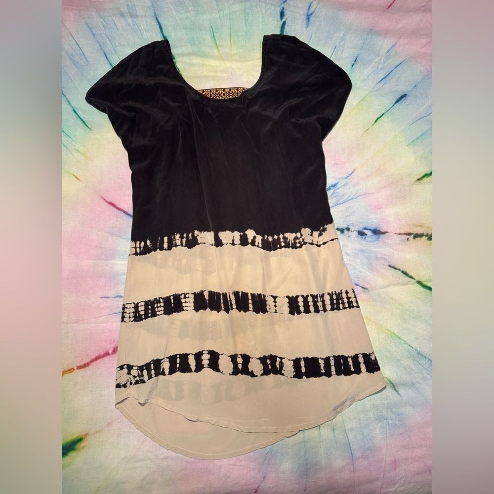 Gypsy05 Silk Shirt Dress Black White Tie Dye Boho Resort Tunic Dress 100% Silk